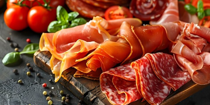 Italian Cured Meats on a Charcuterie Platter. Concept Meat Selection, Charcuterie Presentation, Antipasto Platter, Italian Delights, Artisanal Meats