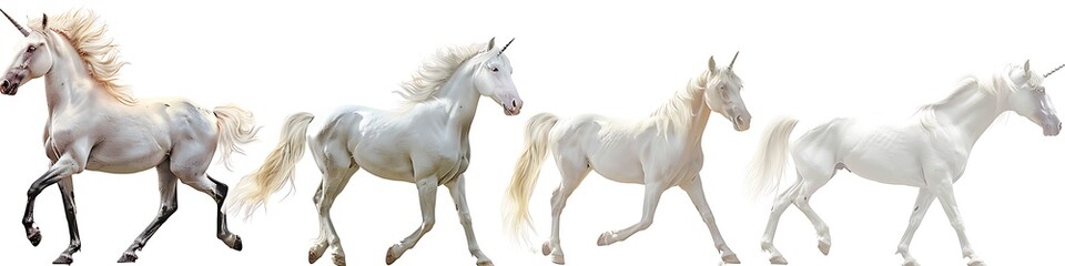 Obraz na płótnie Canvas 4 images of realistic unicorn horses in different poses, white background, with hyper detailed and high quality styles, at high resolution and high definition