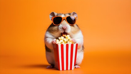 Adorable hamster wearing sunglasses, enjoying popcorn, isolated on orange background
