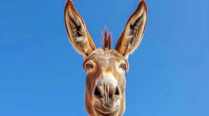  A donkey's face, tightly framed, set against a backdrop of a clear, blue sky