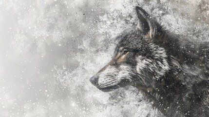  A tight shot of a dog's face peering through a window, dotted with water droplets Behind the glass, a vague, blurred image of a wolf's head