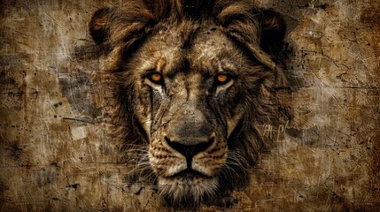  A tight shot of a lion's face with grunge on its left side