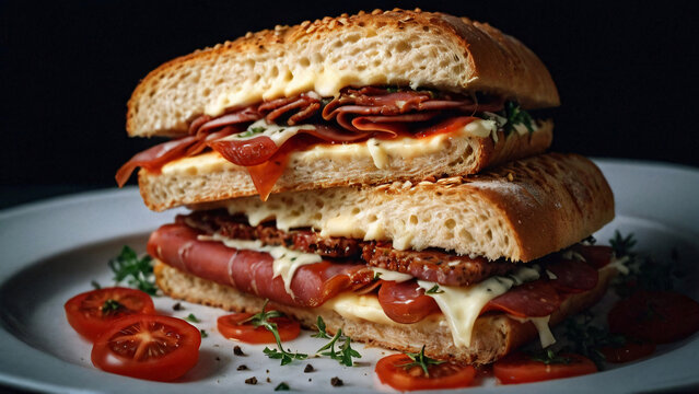 Gourmet Deli Sandwich with Melted Cheese and Fresh Tomatoes on a Dark Background
