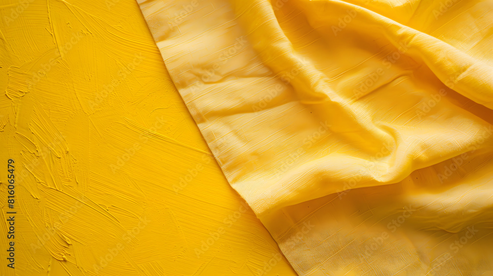 Aufkleber top view with yellow empty kitchen napkin isolated on table background Folded cloth for mockup with copy space Flat lay Minimal style : Generative AI