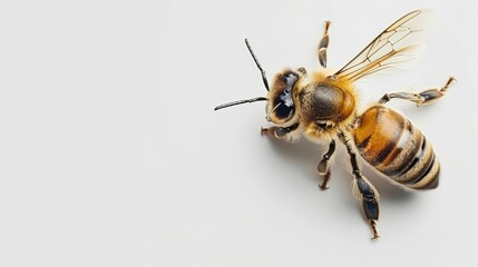  A tight shot of a bee against a white backdrop, displaying its black and yellow-striped thorax