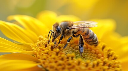  A bee in tight focus on a sunflower, surrounded by a soft, blurred sunflower background