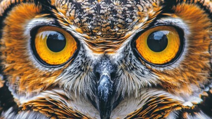  Close-up of an owl's face against a black-and-white backdrop, its bright yellow eyes piercing the frame