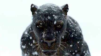  A tight shot of a black and brown leopard with snow on its face and in its eyes