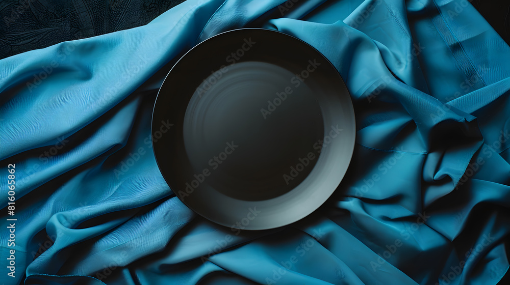 Poster blue table cloth with a plate on black chalkboard background flat lay top view : generative ai