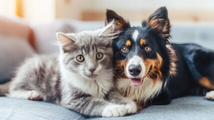  A dog and a cat lie on a couch, gazing at the camera The cat faces it directly