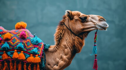  A tight shot of a camel adorned with tassels, against a blue wall backdrop