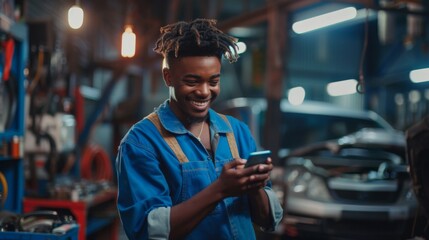 Smiling Mechanic with Smartphone
