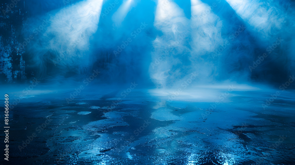 Poster Dark empty scene blue neon searchlight light wet asphalt smoke night view rays : Generative AI