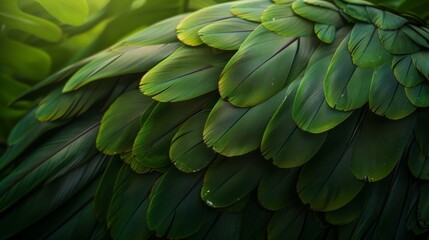  A tight shot of a verdant bird's feathers, illuminated by the sun, with trees leaves casting dappled light behind