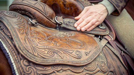  A tight shot of a person's hand gripping a horse saddle, another hand resting nearby