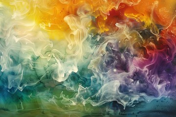 A colorful painting of smoke and fire with a blue and green background