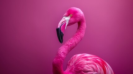  A pink flamingo faces sideways against a pink background