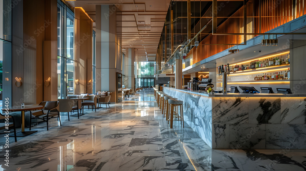 Poster light wooden and marble tile floor interior of modern cafe with double ceiling height lobby bar in l