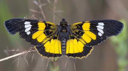  A large yellow and black butterfly perches atop a grassy field, its Dry expanse covered in golden hues Nearby stands a green and brown plant