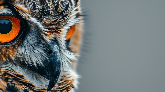  A tight shot of an owl's orbital ring, adorned with orange and black iris, and its facial disc bearing similar markings
