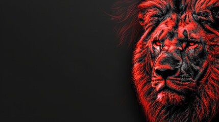  A tight shot of a lion's face illuminated by a red light in its center