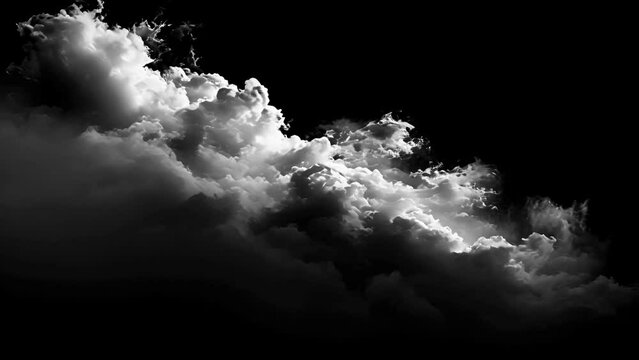 White storm clouds formations on black background. Cotton cloud cluster black sky background. Beautiful clouds green box ready to cut background. 4k video moody