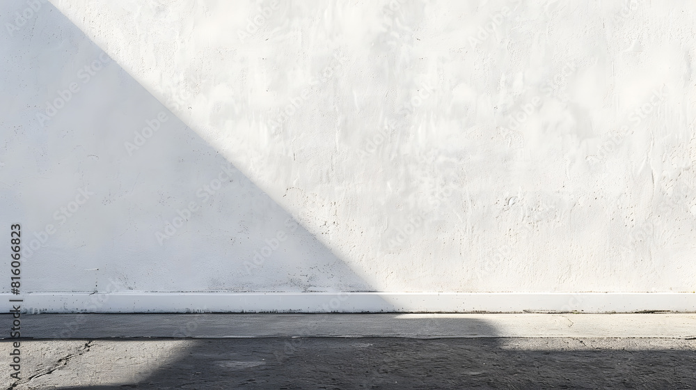 Poster white weathered surrounding wall with white building on behind sidewalk and asphalt road in front ba