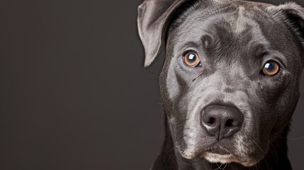  A tight shot of a melancholic black dog's face, bearing deep brown eyes