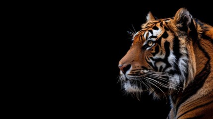  A tight shot of a tiger's face against a black backdrop, with its head softly blurred