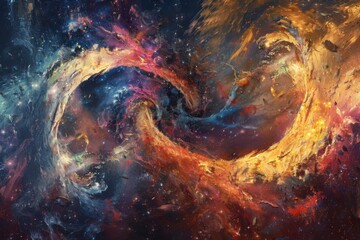 A colorful space scene with a spiral shape in the middle