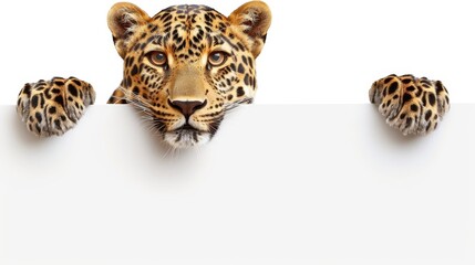 A tight shot of a leopard's head atop a white sign, its paws delicately positioned on the edge