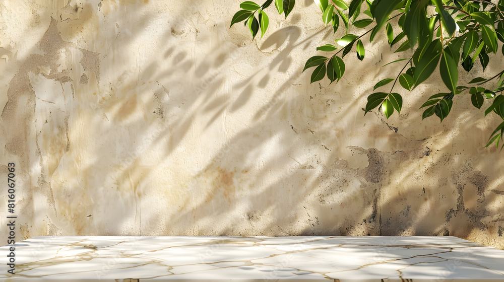 Poster minimal empty white marble stone counter table top green tree in sunlight leaf shadow on beige brown