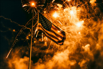 Patriotic tableau featuring an American flag billowing in the wind against a backdrop of fireworks exploding in the night sky, symbolizing the spirit of independence and unity