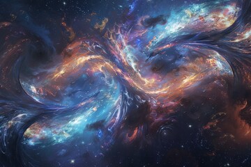 A colorful space scene with two spiral galaxies