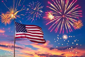 Patriotic tableau featuring an American flag billowing in the wind against a backdrop of fireworks exploding in the night sky, symbolizing the spirit of independence and unity
