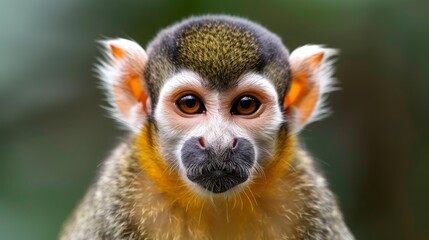  A tight shot of a monkey's face with blurred trees and distant background