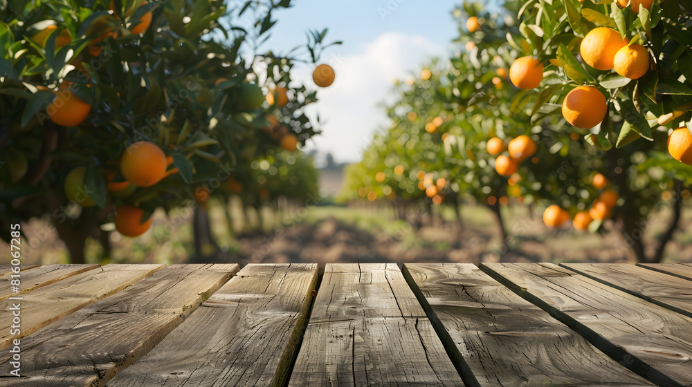 Poster empty wood table with free space over orange trees orange field background for product display monta
