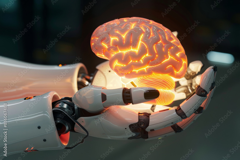 Poster artificial intelligence robot is holding a neon glow brain in its hands, ai machine learning technol