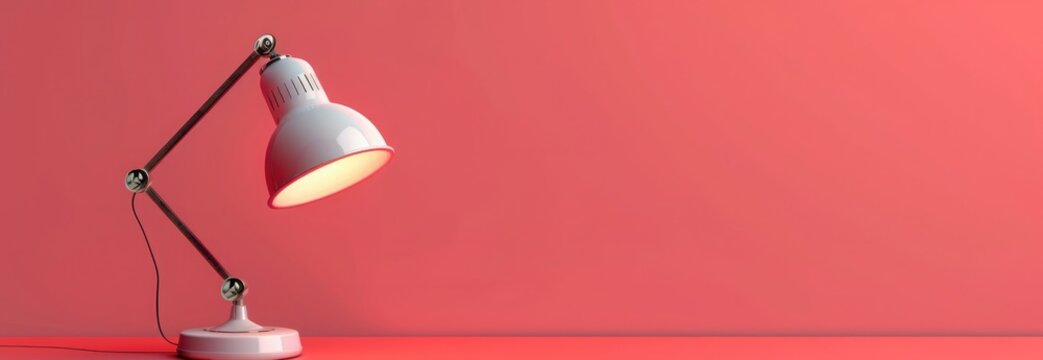 A desk lamp sits on the left side against a solid red background with space for copy. Web banner with space for copy to show presentation style, using a white and pink color palette.