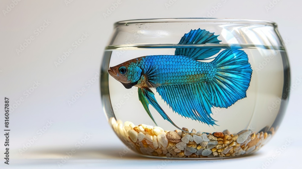 Wall mural  A tight shot of a fish swimming in a bowled water habitat Gravel and rocks line the bowl's base