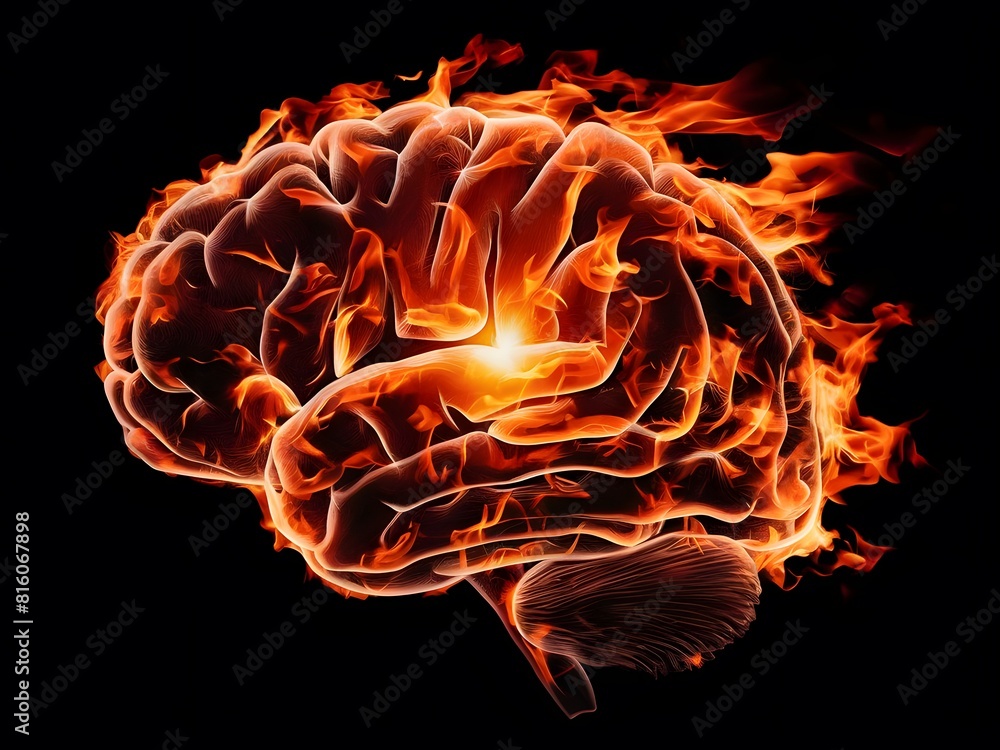 Aufkleber brain's neural networks illuminated by dancing flames in close-up view