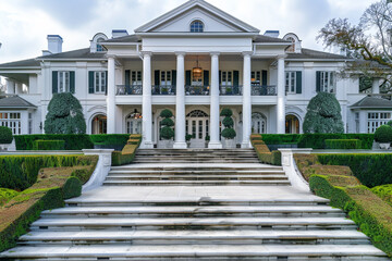 An elegant colonial-style residence with symmetrical architecture, a grand entrance staircase, and...