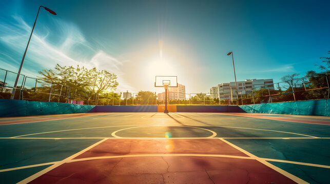 Empty sunlit basketball court in city park on hot sunny day under blue zenith sky Bright sun in the sky Sports lifestyle leisure activity concept : Generative AI