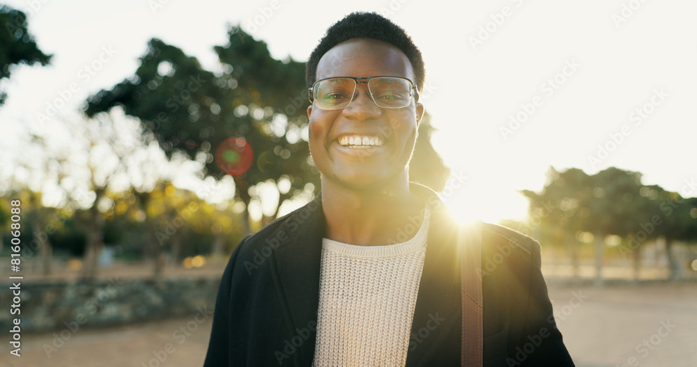 Canvas Prints Portrait, black man and smile for commute to work, professional and travel to office. Face, morning and businessman with eyewear for law firm attorney, employee and happy with confidence and glasses