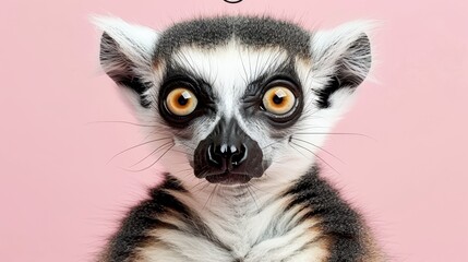 Naklejka premium A lemur's face in tight focus against a pink backdrop..Caption: Lemur Intimate
