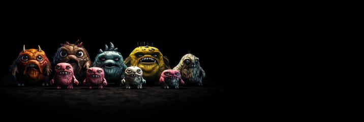 Various sizes, colors scary terrible toy monsters in a row, black background isolate. AI generated.
