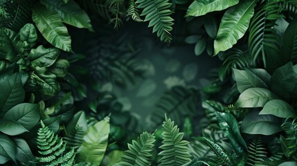 Fototapeta premium A frame made of green plants against green background with copy space in the middle