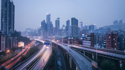 Obraz premium The expressway and the modern city skyline are in Chongqing China : Generative AI