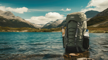 Camping backpack on lake. Concept of travel, vacation, active tourism, hiking, outdoor adventure