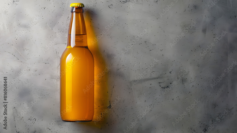 Poster top up view brown beer bottle with blank yellow template isolated on grey background beer fiesta con